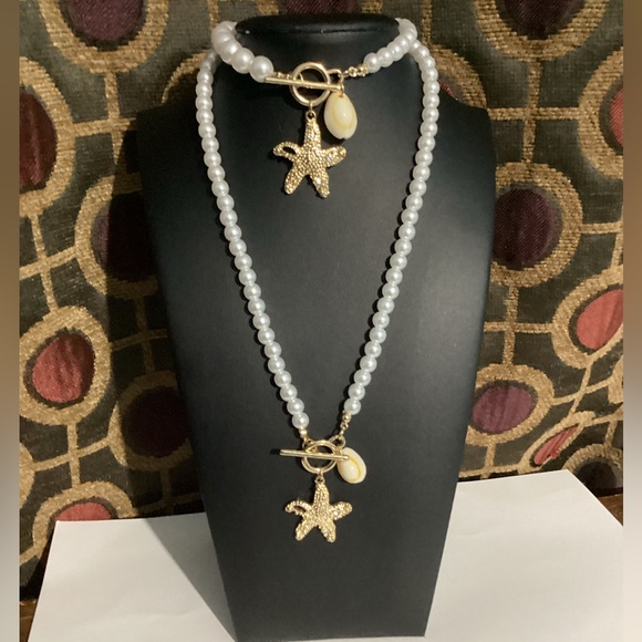 🪸Naitical Starfish & Puka  Shell Beaded Pearl toggle collar necklace & Bracelet - Picture 2 of 16